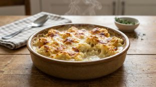 Gros plan sur un gratin de chou-fleur fumant à la béchamel légère, avec une croûte dorée, sur table en bois rustique. Cuillère et thym.