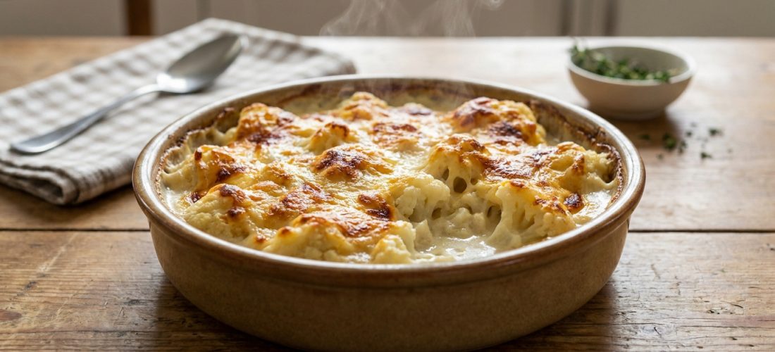 Gros plan sur un gratin de chou-fleur fumant à la béchamel légère, avec une croûte dorée, sur table en bois rustique. Cuillère et thym.