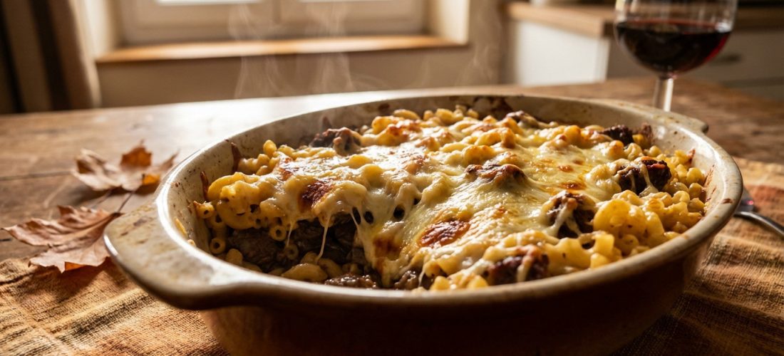 Gratin coquillettes bœuf bourguignon avec une croûte dorée, plat réconfortant et anti-gaspillage