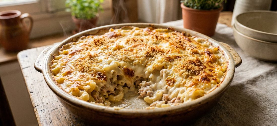 Un gratin de macaroni au thon chaud et gratiné dans un plat en céramique posé sur une table en bois rustique.