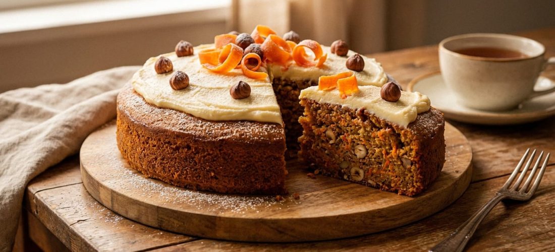 Gâteau fondant aux carottes, noisettes et amandes, décoré de fruits secs