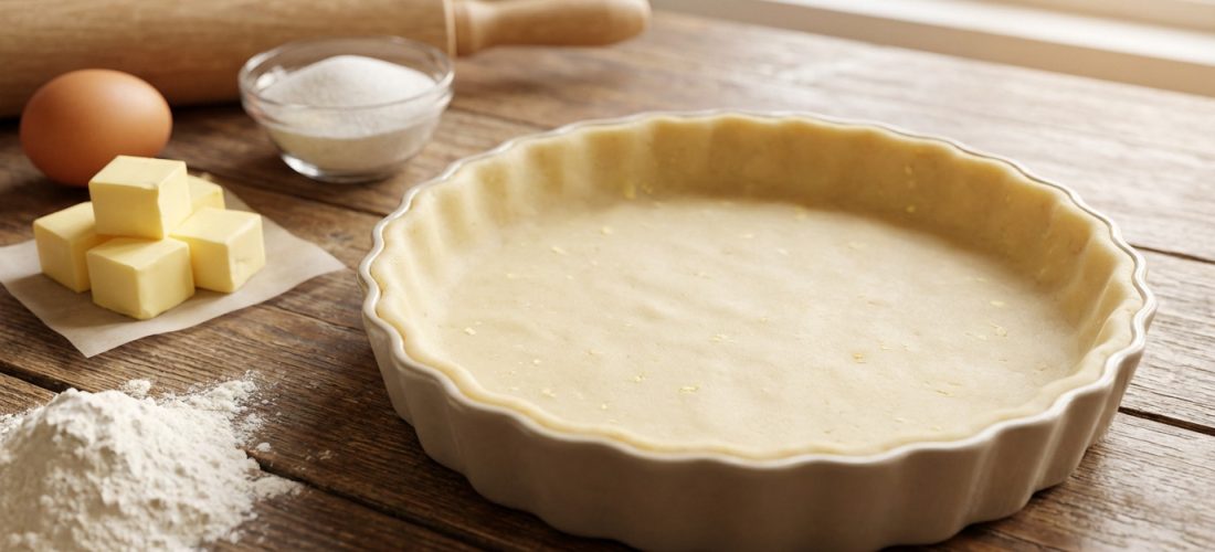 Recette de pâte à tarte sucrée maison avec ingrédients frais et outils de pâtisserie
