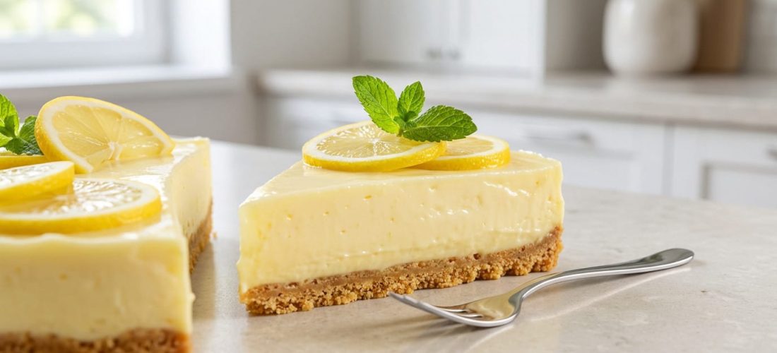 Gâteau citron sans cuisson décoré avec des zestes de citron et biscuits, recette facile et rapide