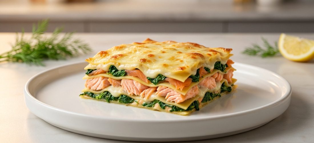 Une part de lasagnes au saumon et aux épinards avec une couche de fromage doré sur une assiette blanche.