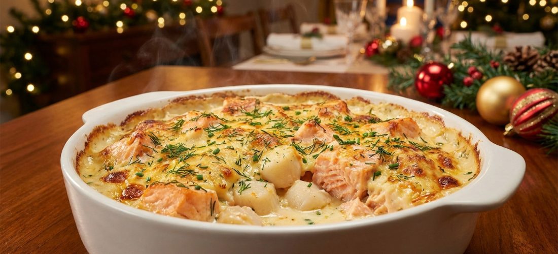 Gratin saumon Saint-Jacques sur un lit de purée crémeuse, plat de fête élégant