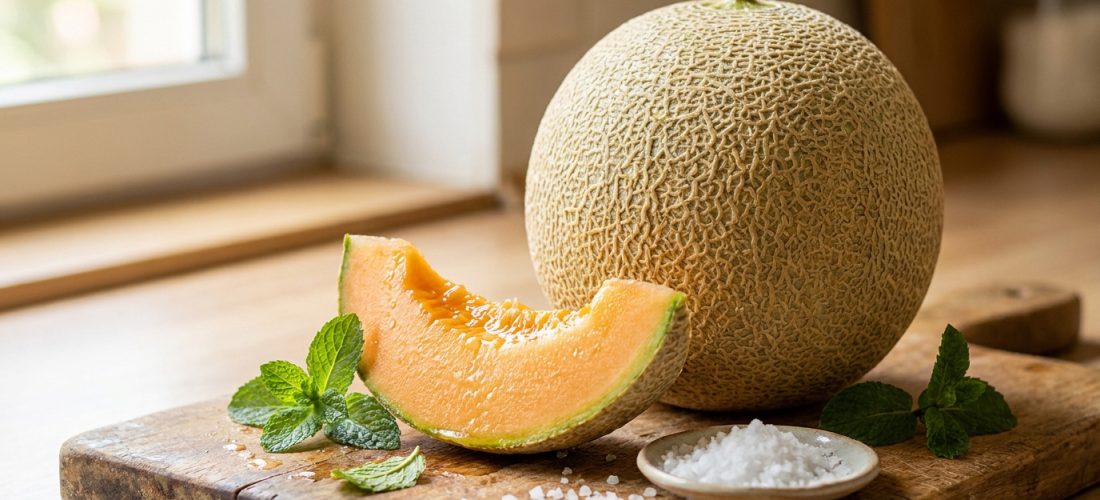 Un melon entier et une tranche sur une planche en bois avec de la menthe et une petite coupelle de sel.