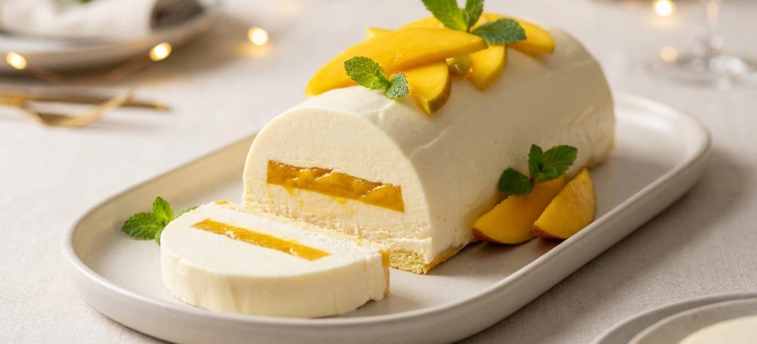 Bûche de Noël au fromage frais et mangue, dessert léger et festif