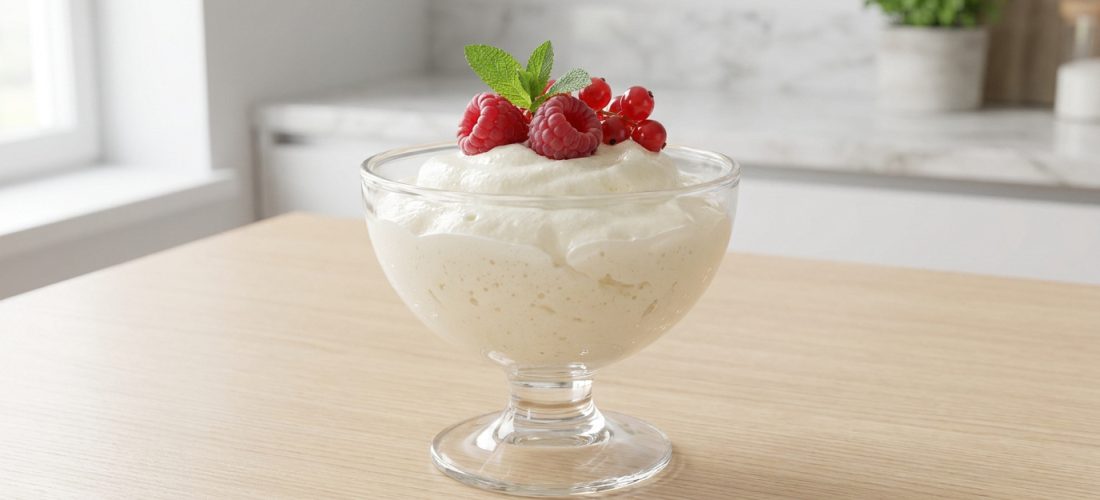 Coupe de mousse au chocolat blanc légère et protéinée, garnie de framboises, groseilles rouges et menthe fraîche.