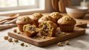 Plusieurs muffins à la pistache sur une planche en bois, avec un cœur fondant au chocolat visible au centre.