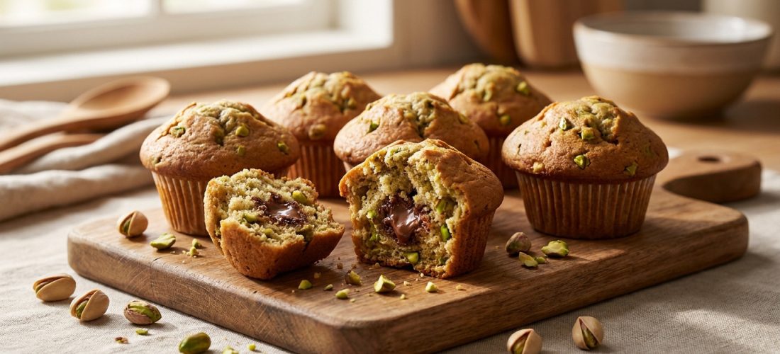 Plusieurs muffins à la pistache sur une planche en bois, avec un cœur fondant au chocolat visible au centre.