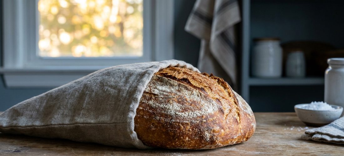 Une miche de pain croustillant posée sur une table en bois, partiellement enveloppée dans un sac en lin beige.