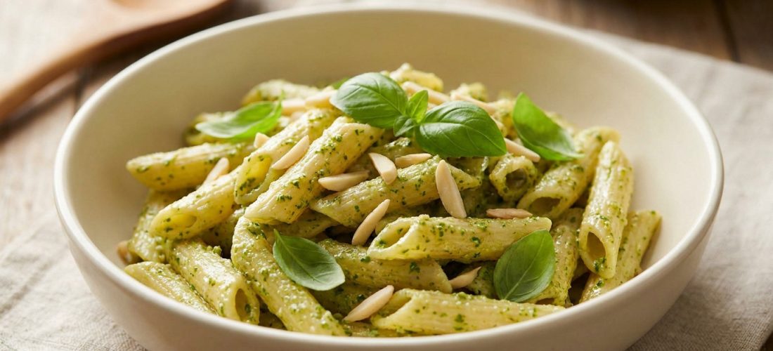 Un bol de penne au pesto d'amande garni de feuilles de basilic frais et d'amandes effilées sur une table en bois.