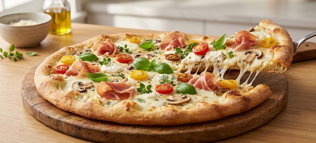 Une pizza appétissante sur une planche en bois, avec une part soulevée montrant du fromage fondu et de la crème fraîche.