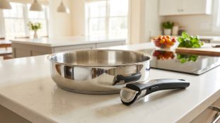 Poêle en acier inoxydable avec poignée amovible posée sur un plan de travail de cuisine moderne.