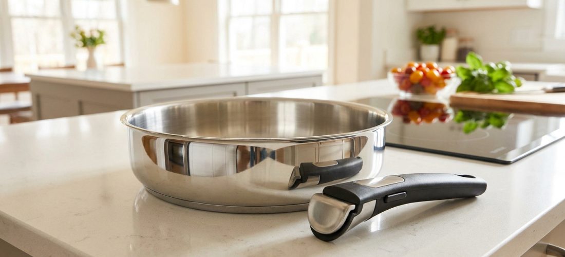 Poêle en acier inoxydable avec poignée amovible posée sur un plan de travail de cuisine moderne.