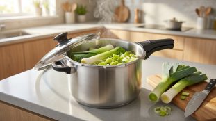 Poireaux en train de cuire dans une cocotte-minute en inox sur un plan de travail de cuisine.