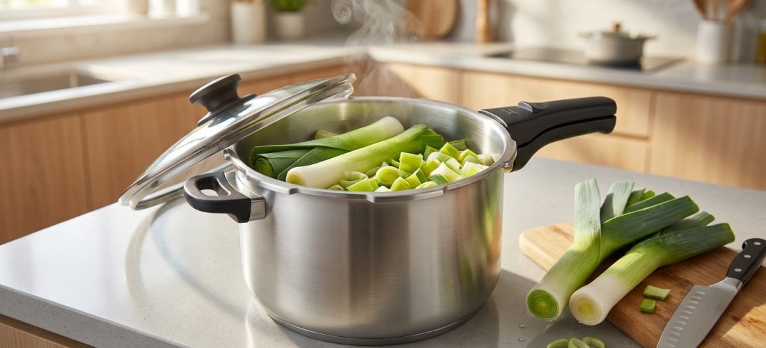 Poireaux en train de cuire dans une cocotte-minute en inox sur un plan de travail de cuisine.