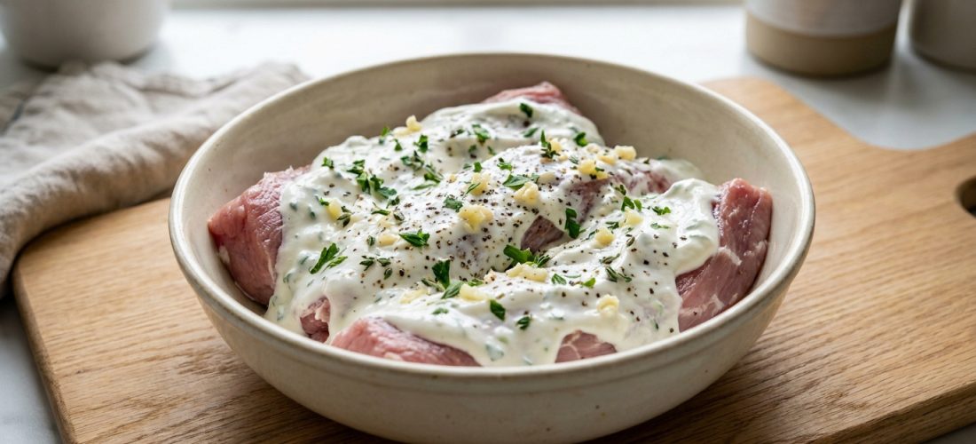 Morceaux de porc crus dans un bol en céramique, recouverts d'une marinade blanche au yaourt, ail et herbes fraîches.
