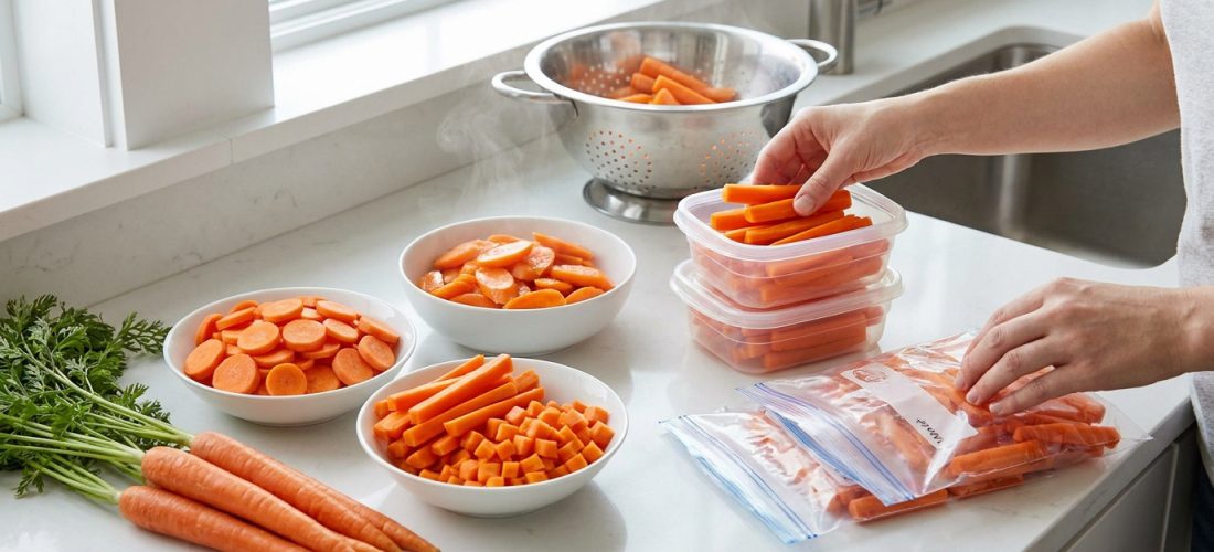 Une personne prépare des carottes coupées pour la congélation sur un comptoir de cuisine.
