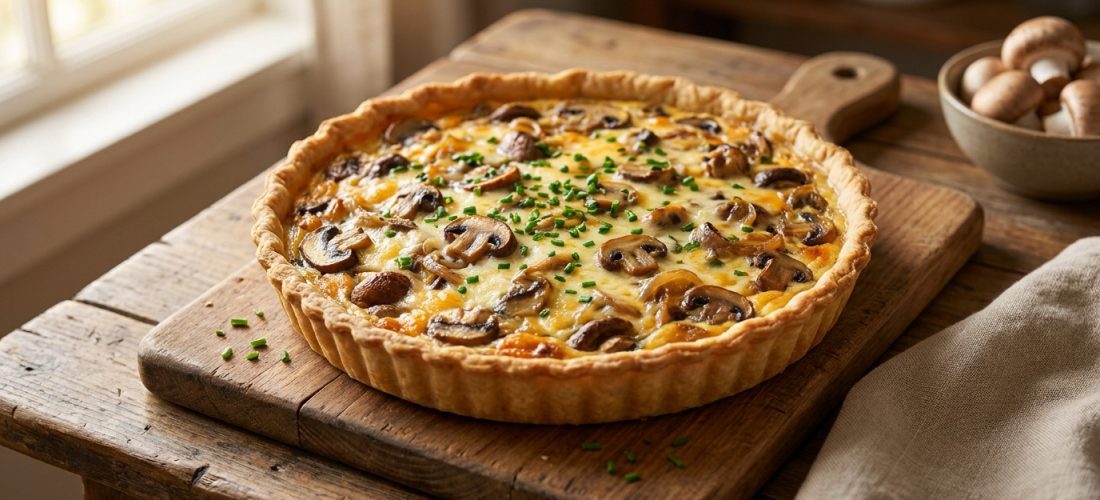 Une quiche dorée aux champignons et fromage parsemée de ciboulette sur une planche en bois près d'une fenêtre.