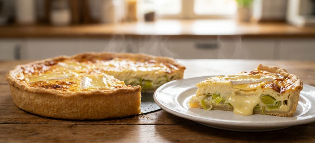 Une quiche aux poireaux et camembert fumante avec une part servie sur une assiette dans une cuisine lumineuse.