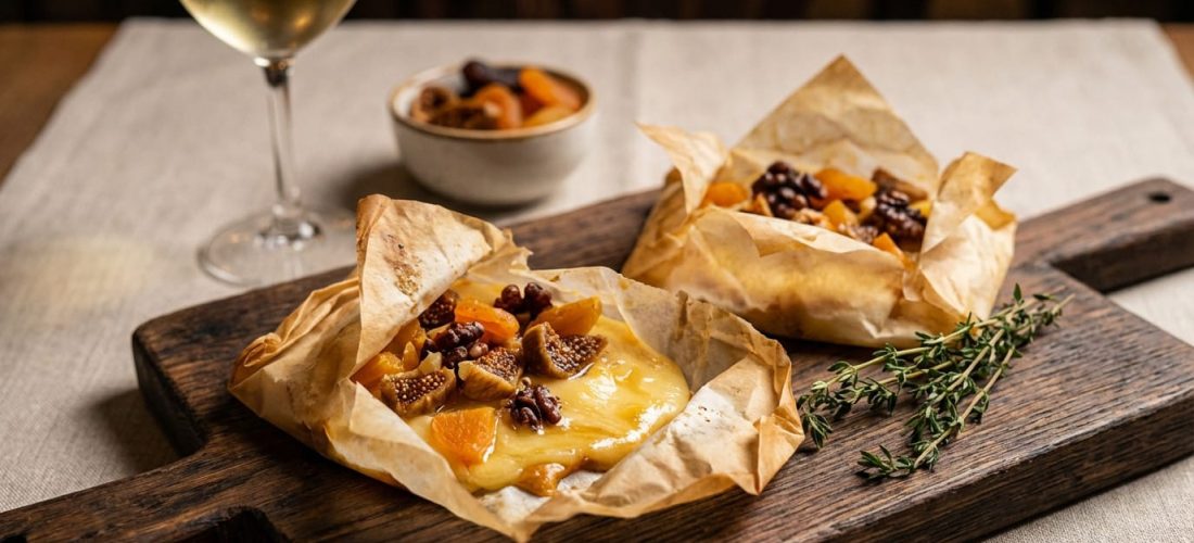 Papillotes de gouda vieux avec fruits secs et miel, apéritif gourmet
