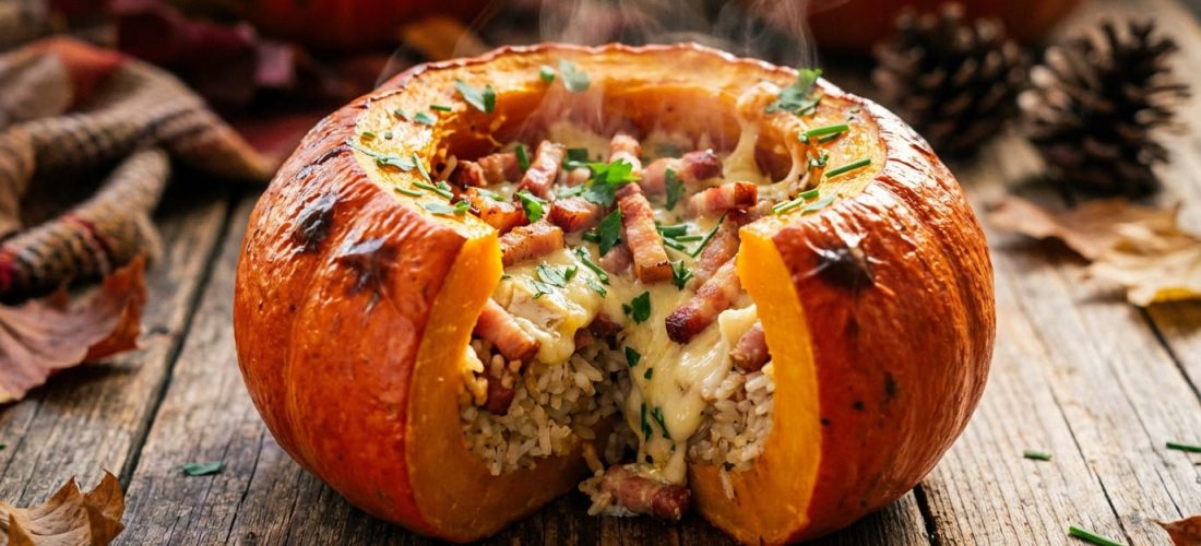 Potimarron farci au Saint-Nectaire et lardons, plat d'automne savoureux