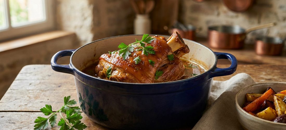 Une rouelle de porc dorée et fondante cuisinée dans une cocotte en fonte bleue sur une table en bois rustique.