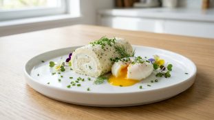 Un roulé au fromage frais aux herbes accompagné d'un œuf poché coulant sur une assiette blanche.
