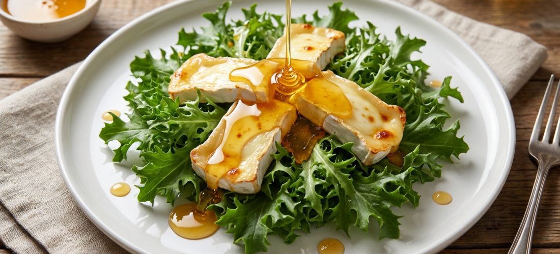 Tranches de fromage de brebis grillé sur un lit de salade verte, avec du miel qui coule sur le dessus.