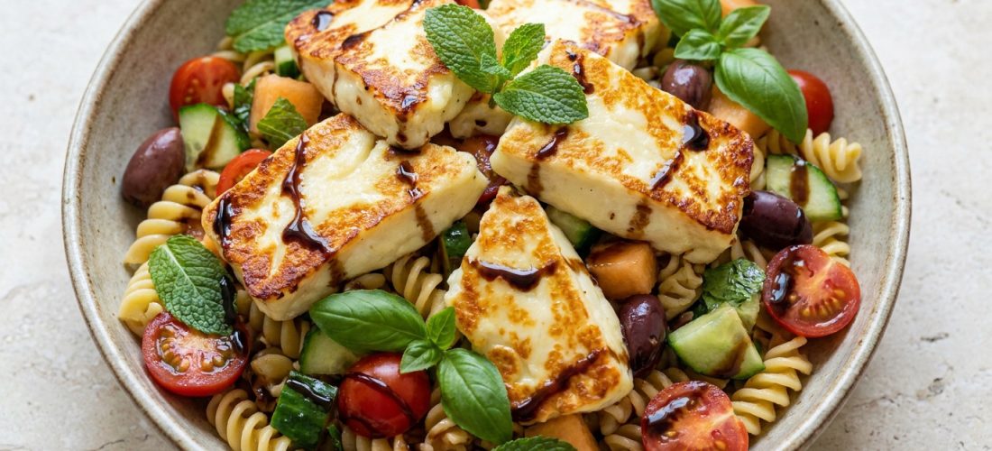 Bol de salade de pâtes fusilli avec du talagani grillé, tomates cerises, olives, concombre et herbes fraîches.