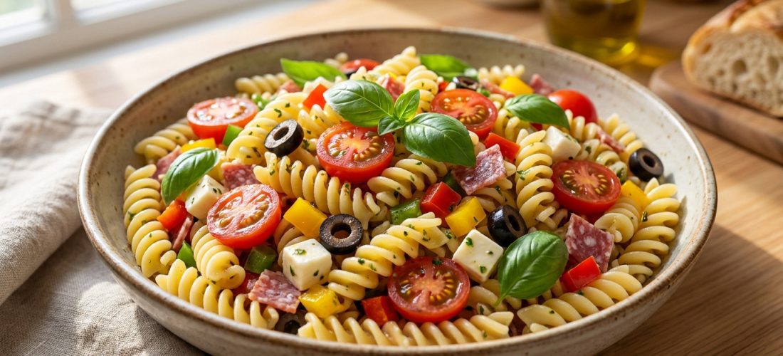 Un bol en céramique rempli d'une salade de pâtes fusilli colorée avec des tomates cerises, olives, fromage et basilic.