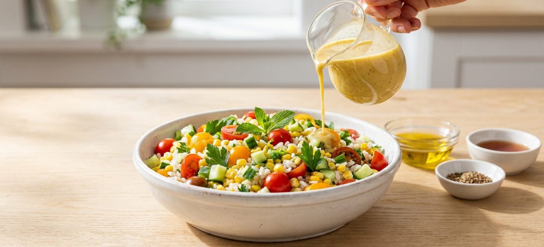 Une main verse une sauce dorée sur une salade de riz fraîche avec des tomates cerises, du maïs et du concombre.