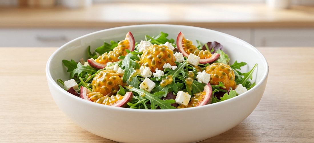 Un bol de salade fraîche composée de roquette, dés de fromage blanc et morceaux de fruit de la passion frais.