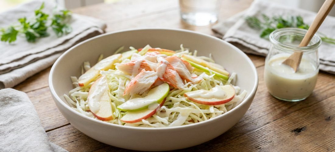 Bol de salade de chou émincé, surimi et tranches de pommes avec une sauce au yaourt sur une table en bois.
