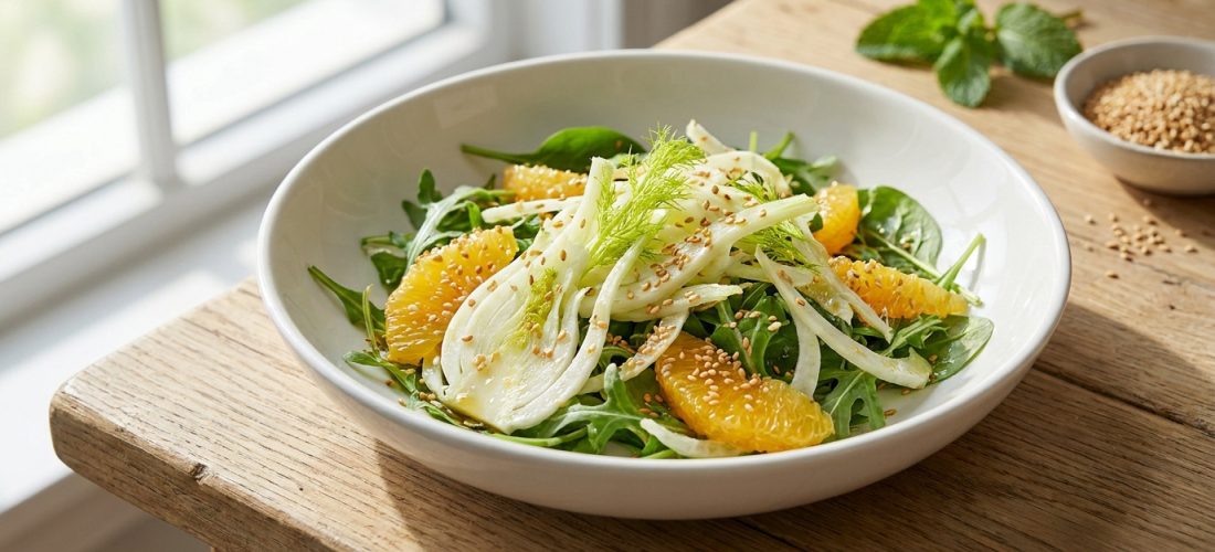 Une assiette de salade composée de tranches de fenouil, segments d'orange et graines de sésame sur une table en bois.