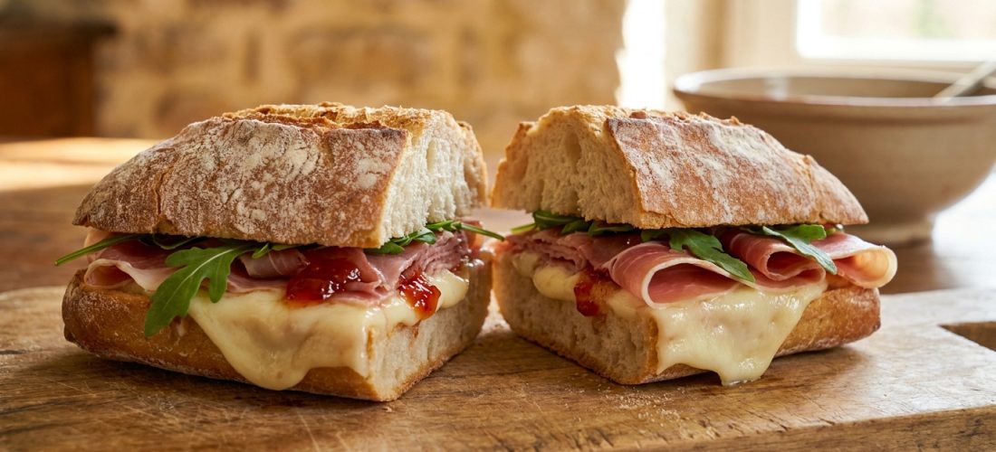 Sandwich au pain rustique garni de fromage de brebis fondu, de jambon cru, de confiture de cerise noire et de roquette.