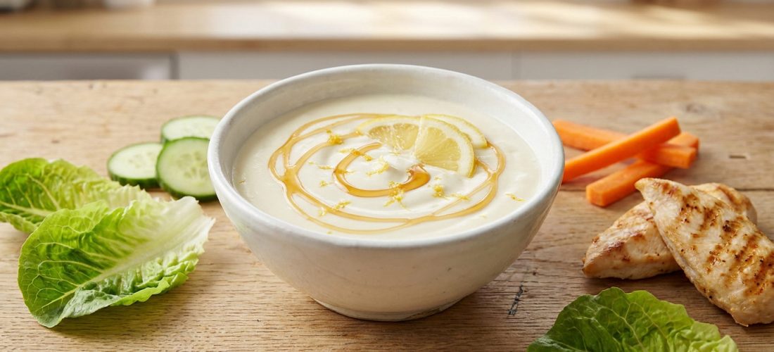 Bol de sauce blanche au fromage frais, décoré d'un filet de miel et de zestes de citron, avec légumes et poulet grillé.