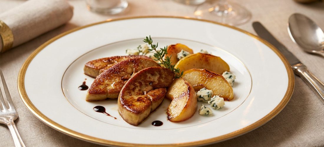 Foie gras poêlé avec Roquefort et quartiers de pomme au sirop, plat gastronomique festif