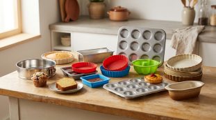 Sélection variée de moules à pâtisserie en métal, silicone et céramique posés sur une table de cuisine en bois.