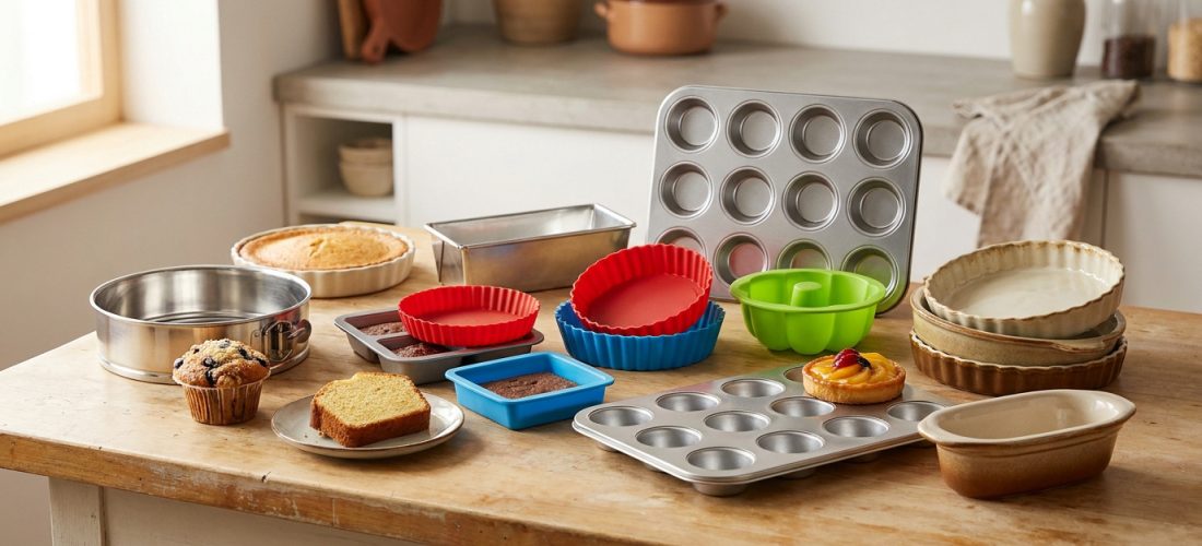 Sélection variée de moules à pâtisserie en métal, silicone et céramique posés sur une table de cuisine en bois.
