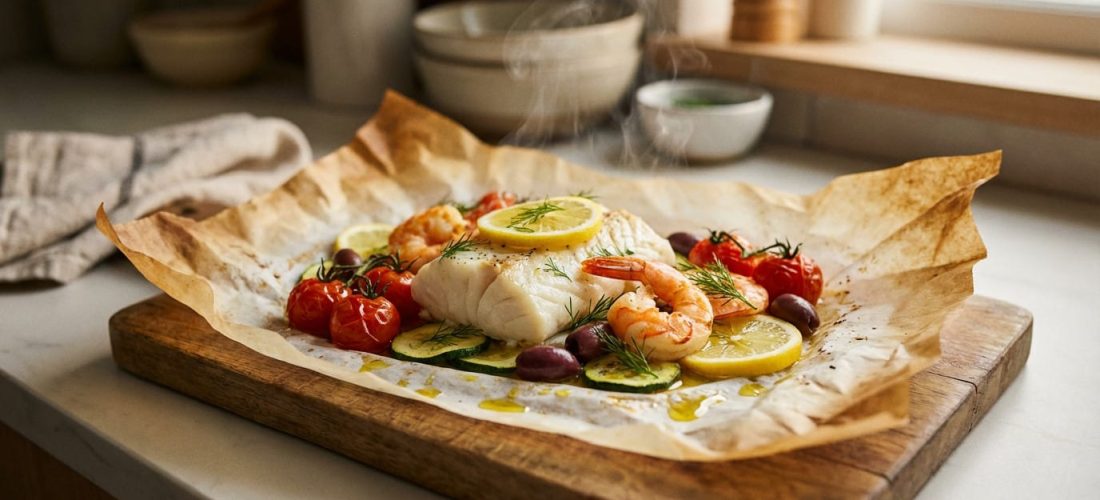 Papillote de cabillaud et crevettes avec tomates cerises et olives, plat méditerranéen sain