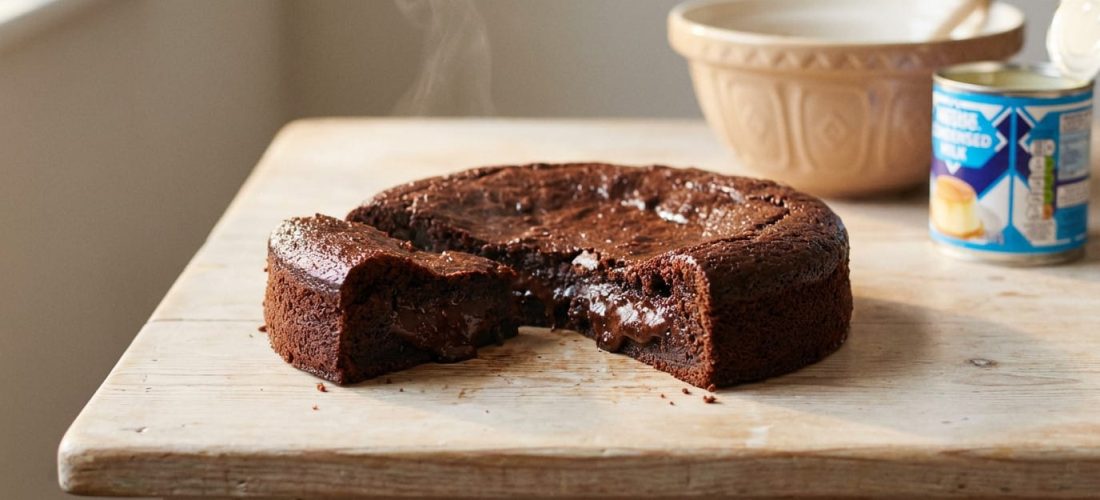 Gâteau chocolat moelleux 3 ingrédients prêt à être dégusté, avec une texture riche et fondante.