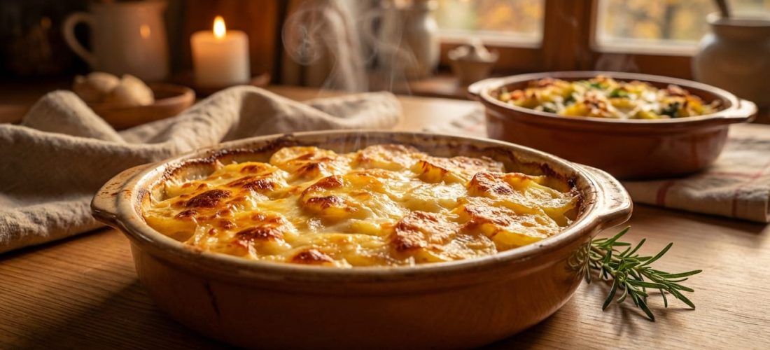 Gratin dauphinois traditionnel français avec pommes de terre, crème et muscade