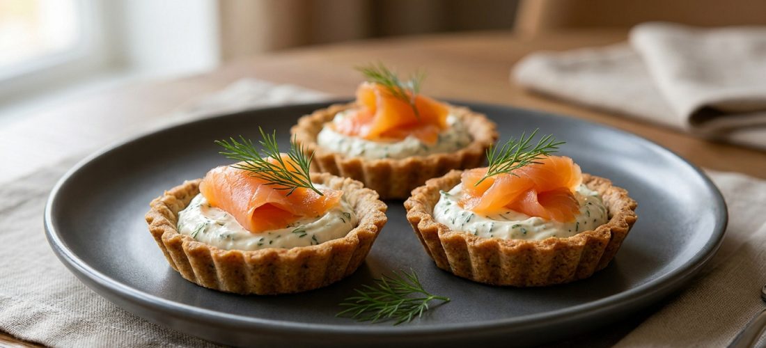Trois tartelettes au blé noir garnies de crème aux herbes et de saumon fumé, servies sur une assiette grise.