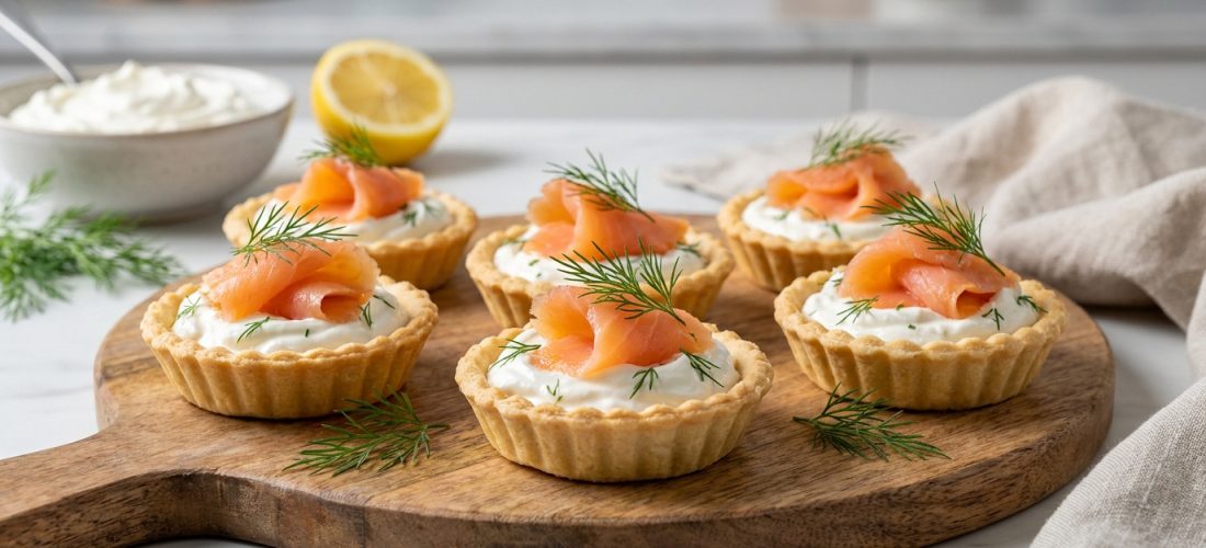 Cinq petites tartelettes garnies de fromage frais, saumon fumé et aneth sur une planche en bois ronde.