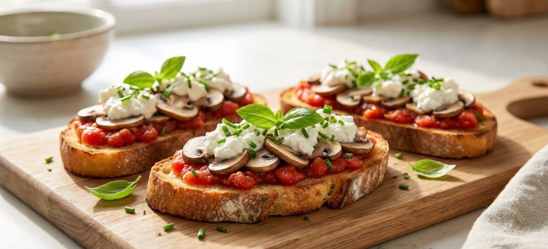 Tartines tomates champignons prêtes en 15 minutes sur pain de campagne grillé