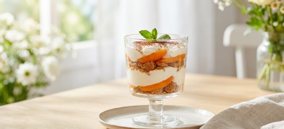 Verrine de tiramisu aux abricots frais, éclats de spéculoos et crème onctueuse, sur une table en bois près d'une fenêtre.