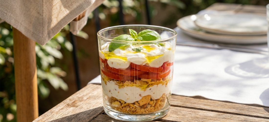 Un tiramisu salé en verrine avec stracciatella, tomates et basilic, posé sur une table en bois en extérieur.
