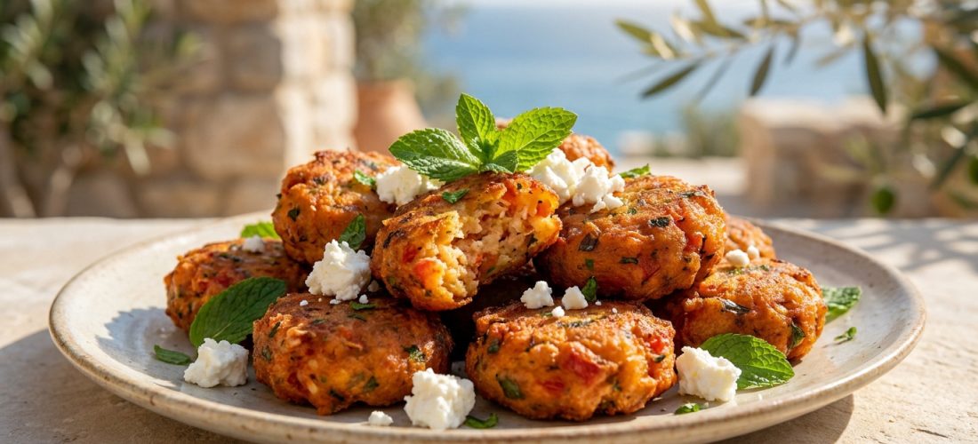 Assiette de tomatokeftedes dorés garnis de menthe fraîche et de feta, avec la mer en arrière-plan.